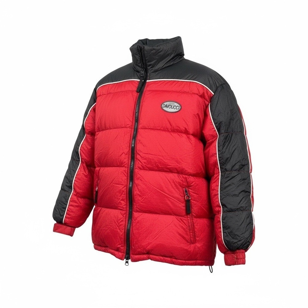 DAVOUCCI Vintage Y2K Red Black Puffer Jacket Winter Coat Mens Size L Hooded Warm